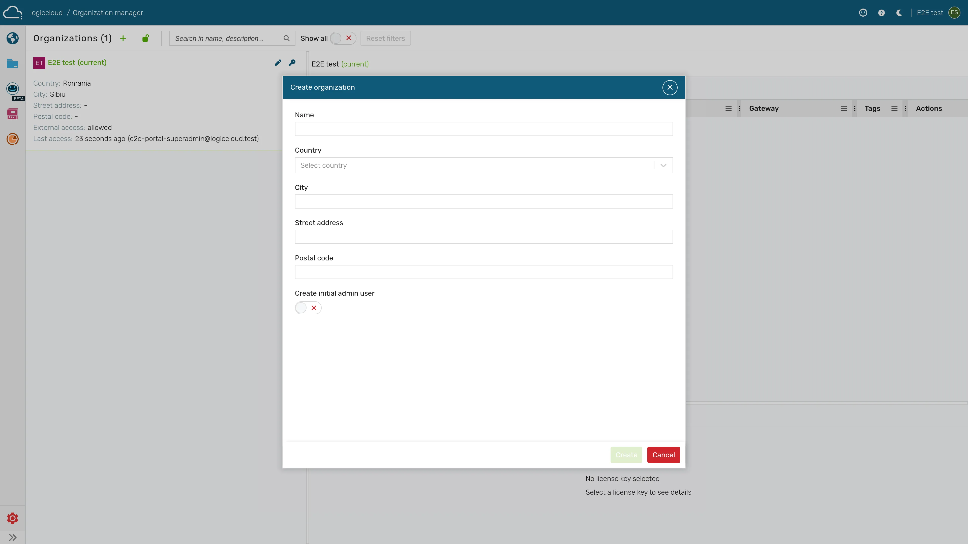Create organization modal with name, address fields and the initial-admin toggle
