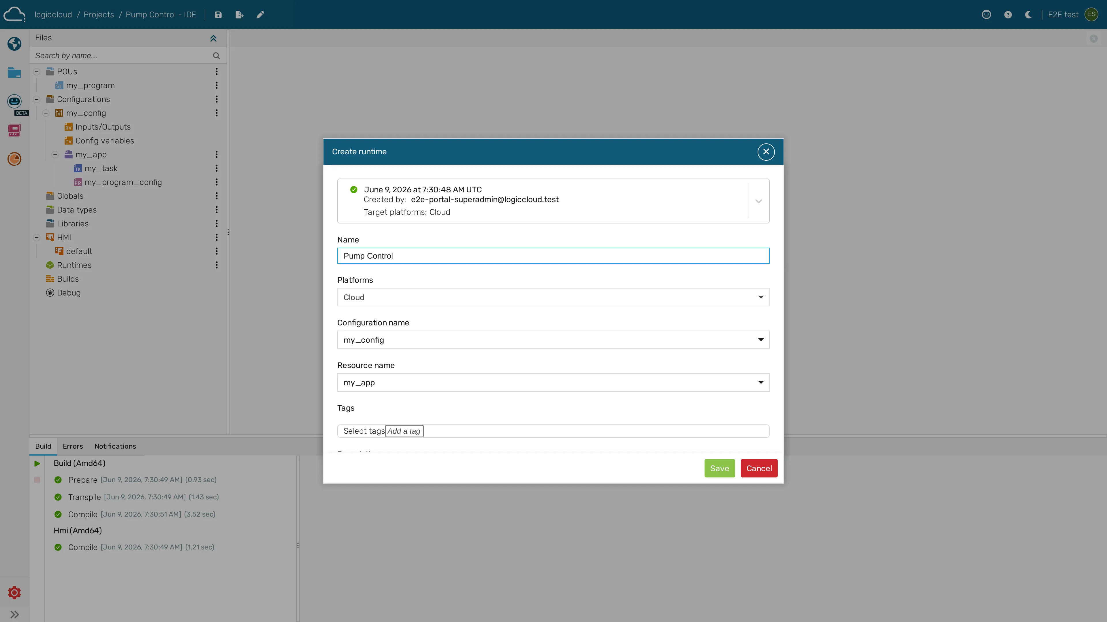 Creating a runtime from the Runtimes node: pick the configuration, resource and platform, then Save