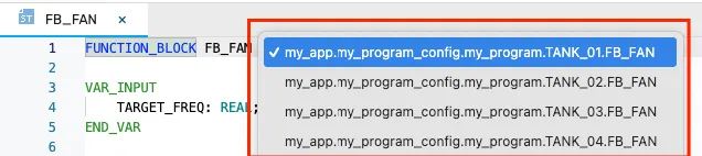 FUNCTION_BLOCK instance selection