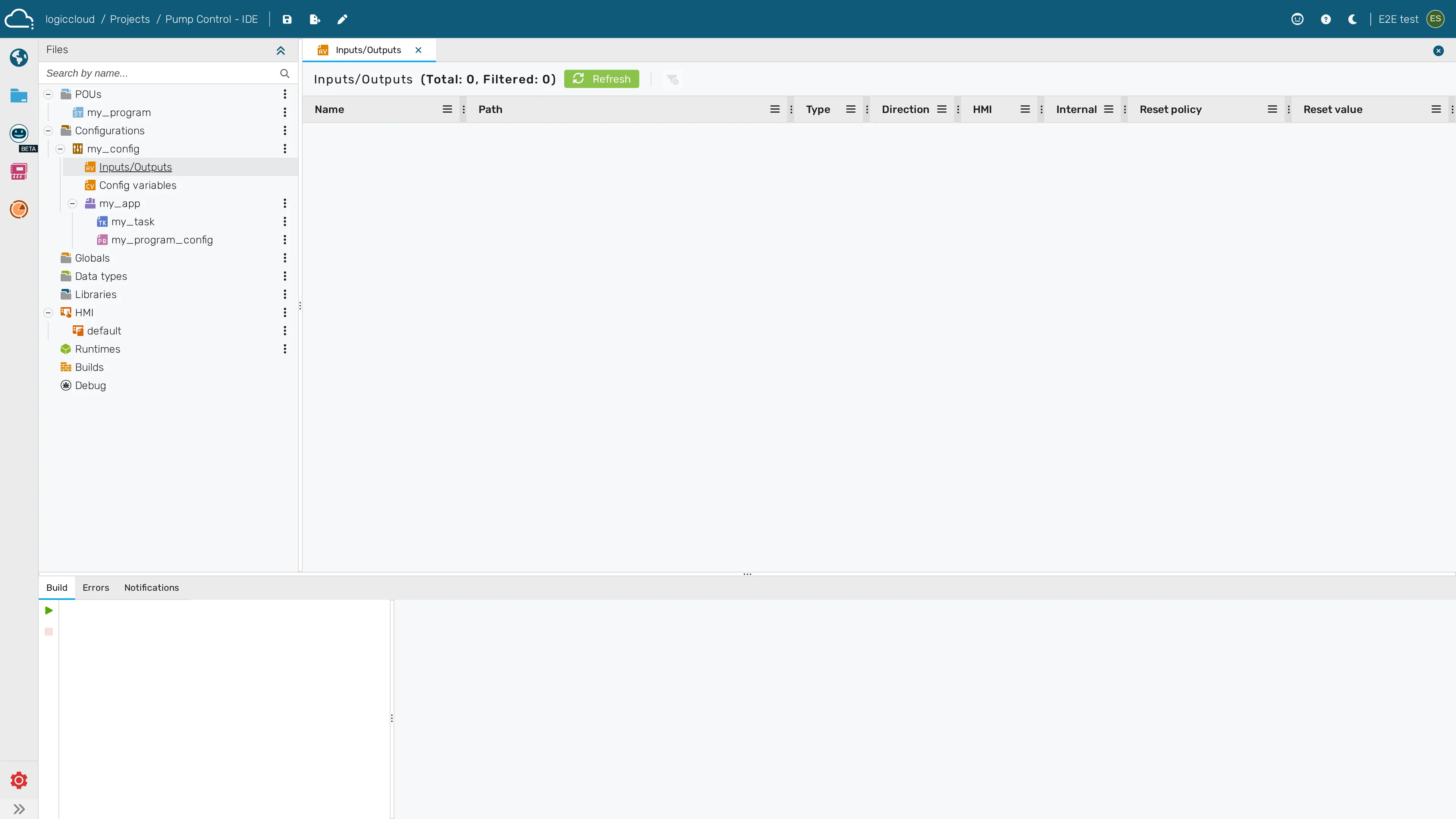 The Inputs/Outputs list with the green Refresh button that re-reads access variables from the code