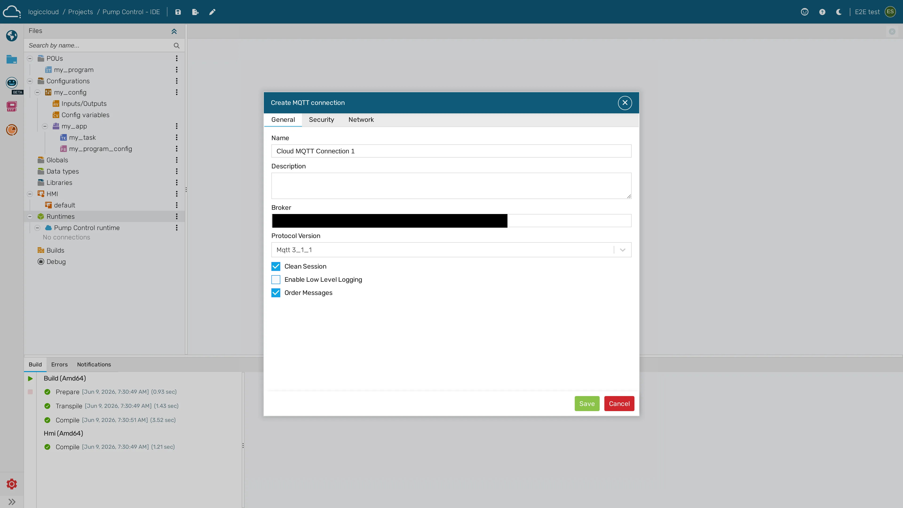 The MQTT connection configuration (General tab): broker, protocol version and session options